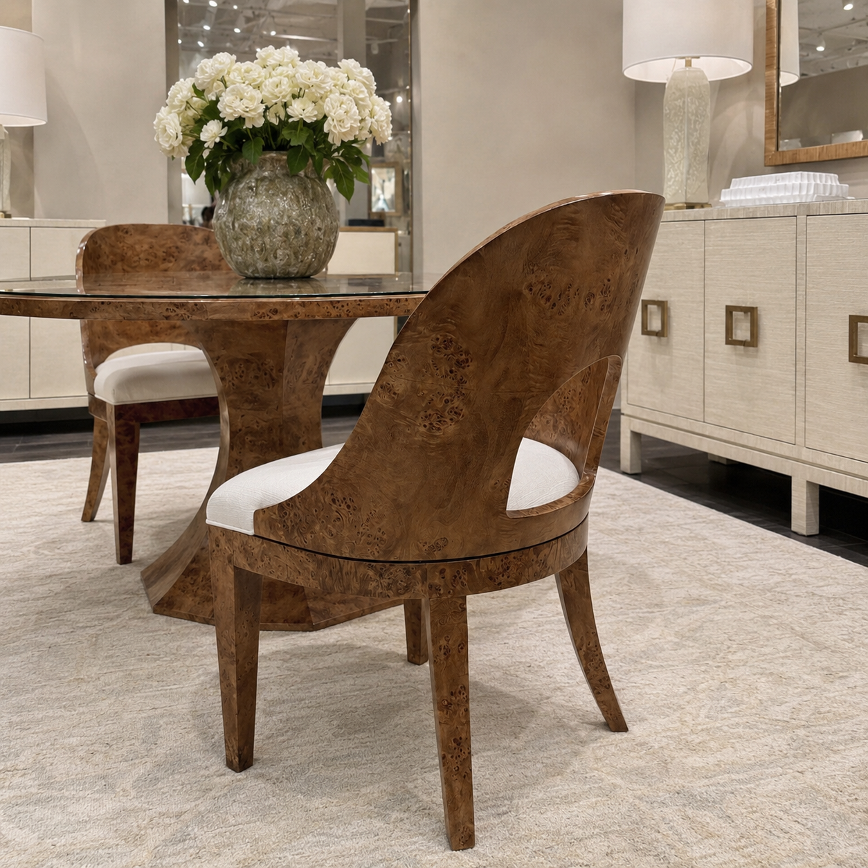 A luxury dining room scene featuring a round burl wood table and matching high-back baroque-style chairs with white upholstered seats, set on a textured light rug.