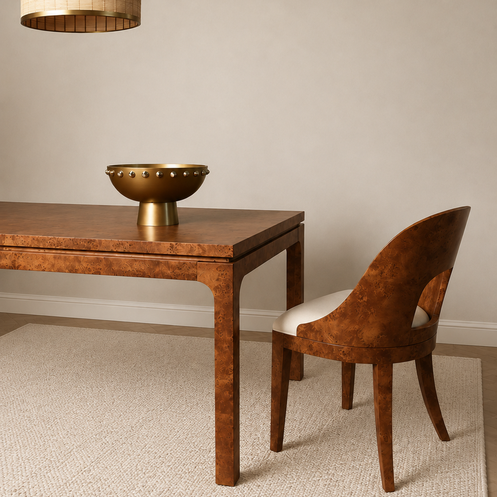 A styled dining room corner featuring a rectangular wooden table with a glossy burl wood finish, a matching upholstered chair with a cream seat, a woven beige rug, and a hanging woven pendant lamp.