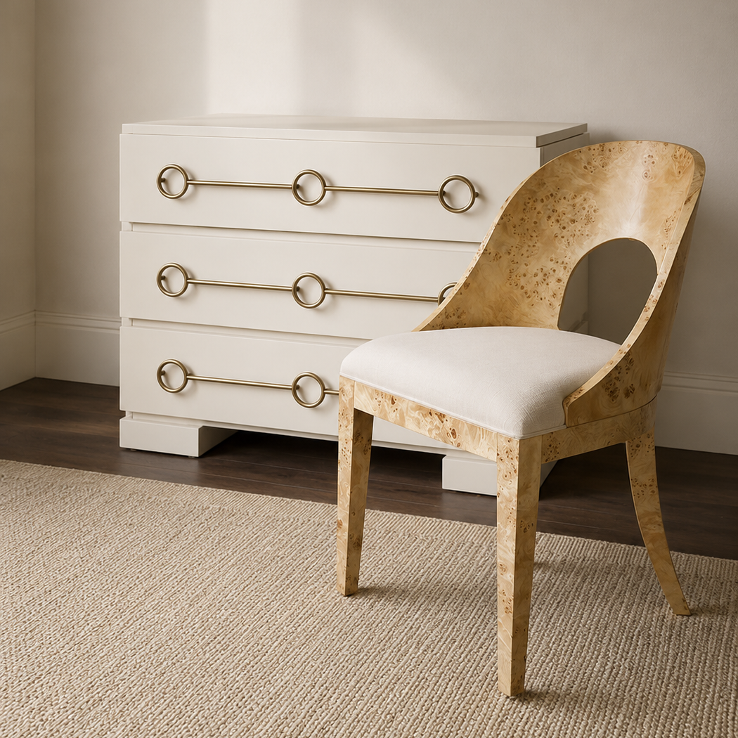 A modern accent chair with a light beige burl wood frame, white upholstered seat, and a circular cutout in the backrest, positioned next to a white three-drawer chest of drawers with brass handles on a textured rug.