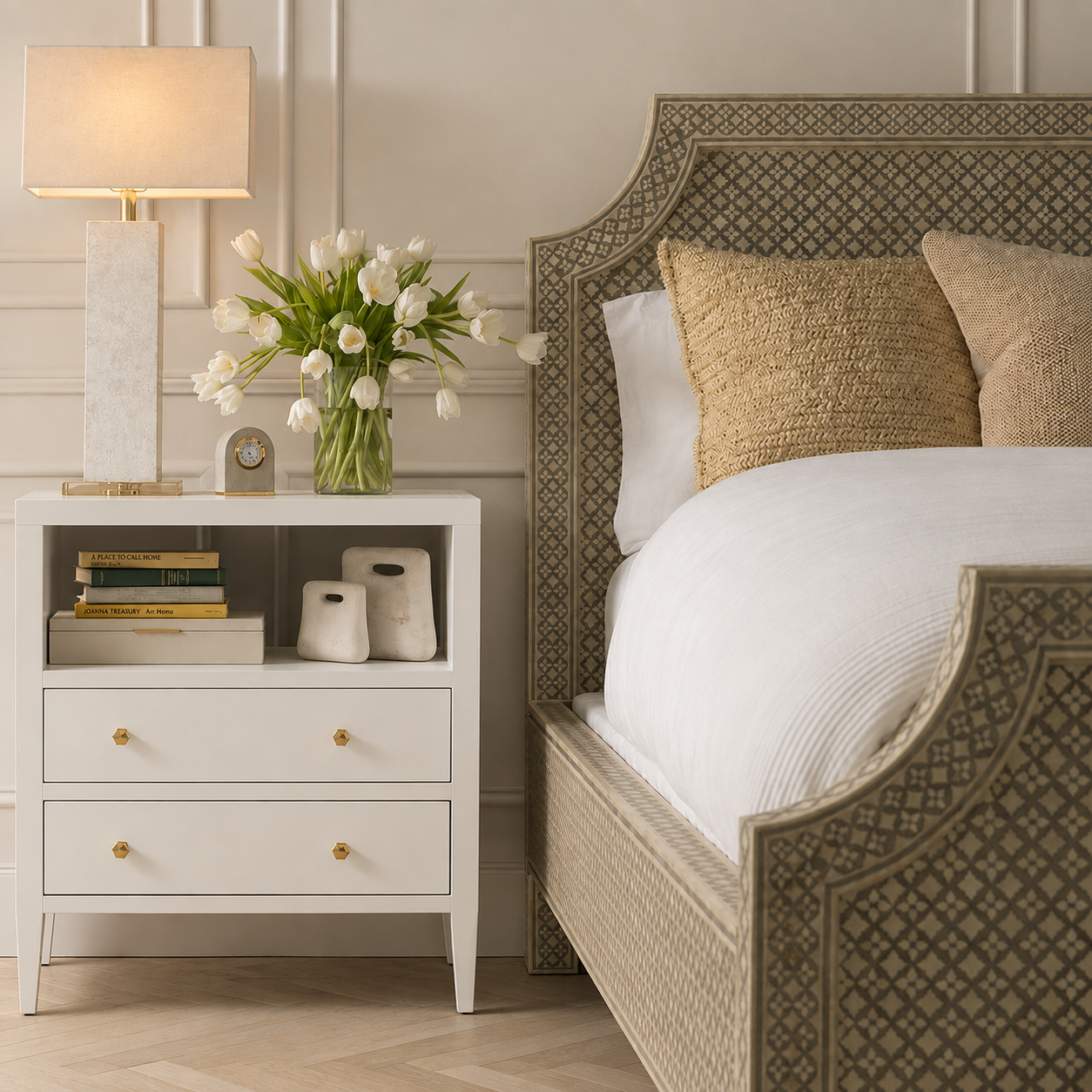 A styled bedroom scene showing part of a bed with a patterned upholstered headboard and footboard, white bedding, two beige pillows, a white nightstand with gold knobs, a lamp, books, and a vase of white tulips against a light paneled wall.