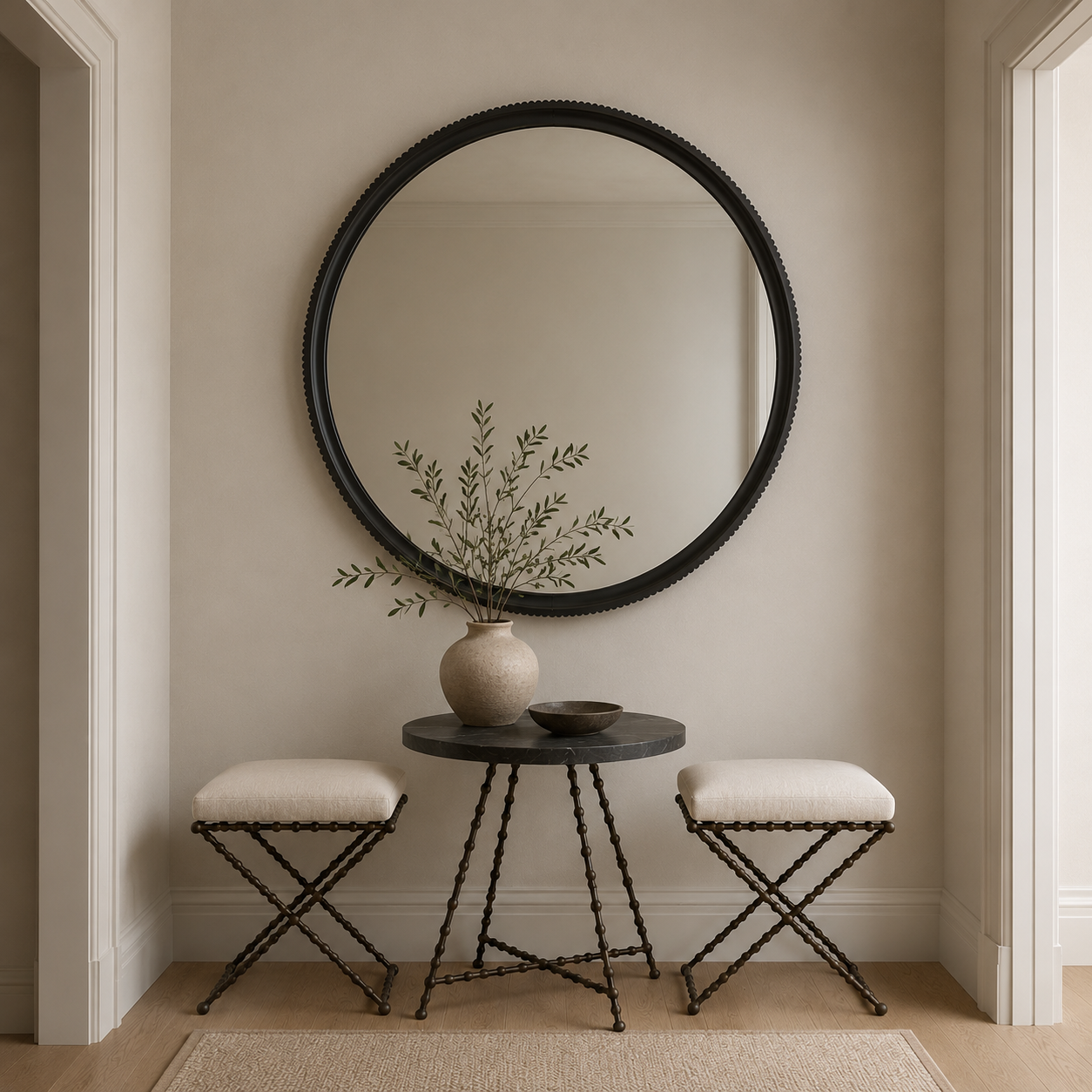 A large round wall mirror with a textured black frame hangs above a small round table in a neutral entryway. Two cream upholstered stools with black metal frames sit below the table, and a beige vase with dried branches rests on the tabletop.