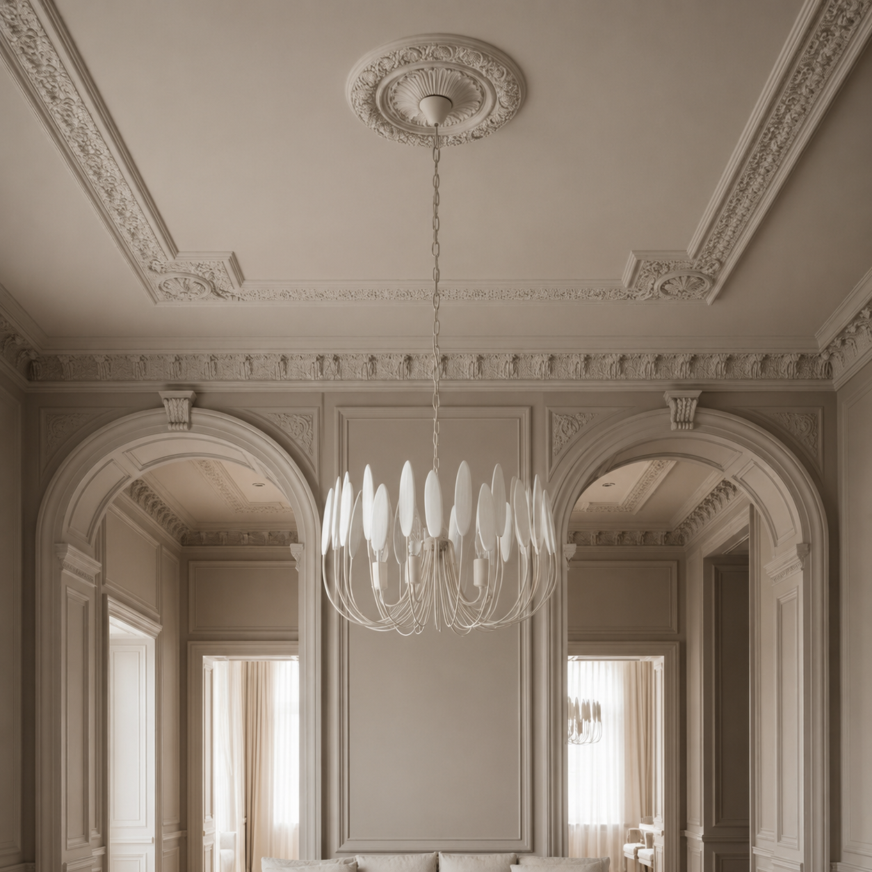 A modern chandelier with white teardrop-shaped glass shades hangs from a decorative ceiling medallion in an elegant, high-ceilinged room with ornate molding and arches.