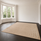 A large rectangular area rug with a beige and off-white geometric maze-like pattern, displayed on a dark wood floor in a bright, empty room with white walls and a bay window.