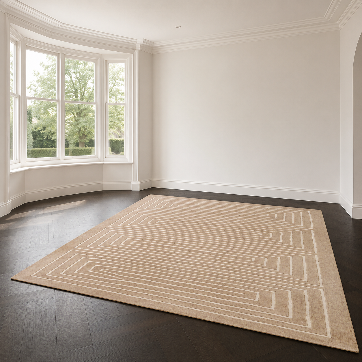 A large rectangular area rug with a beige and off-white geometric maze-like pattern, displayed on a dark wood floor in a bright, empty room with white walls and a bay window.