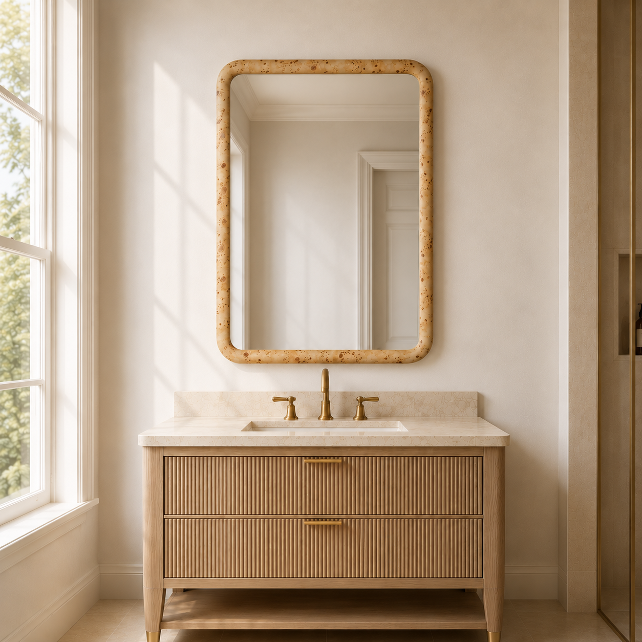 A modern bathroom vanity with a light wood slatted cabinet, a white marble countertop, and a large rectangular wall mirror with a textured gold frame, set against a warm beige wall next to a window.