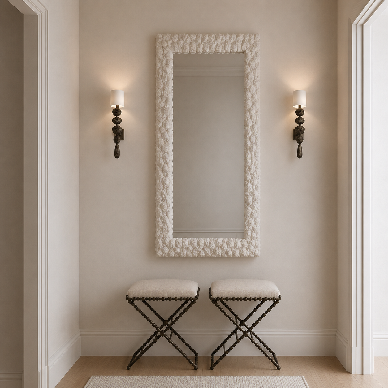 A tall rectangular wall mirror with a textured white frame hangs on a beige wall in a hallway, flanked by two black wall sconces above two matching white-and-black stools.