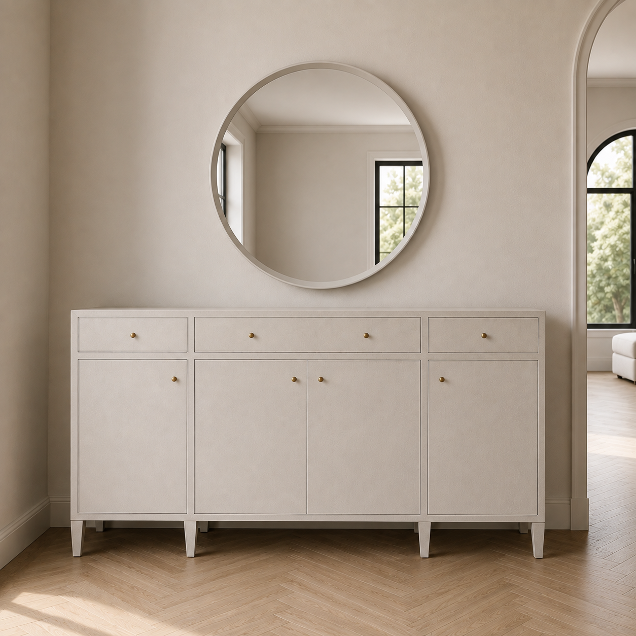 A white entryway credenza with five drawers and five cabinet doors, accented by small gold knobs, positioned below a large round white wall mirror in a neutral-toned hallway.