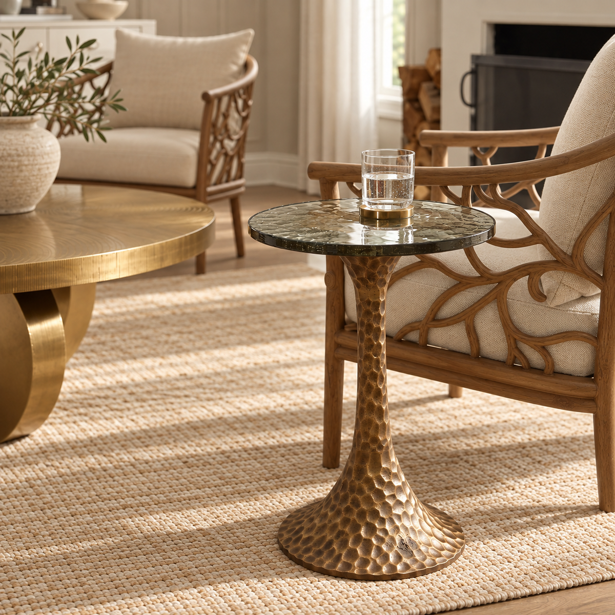 A small round accent side table with a hammered gold pedestal base and a dark green marble top, styled in a warm, modern living room next to a matching armchair.