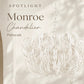 White chandelier labeled 'Monroe' by Palecek against a neutral wall with decorative elements.