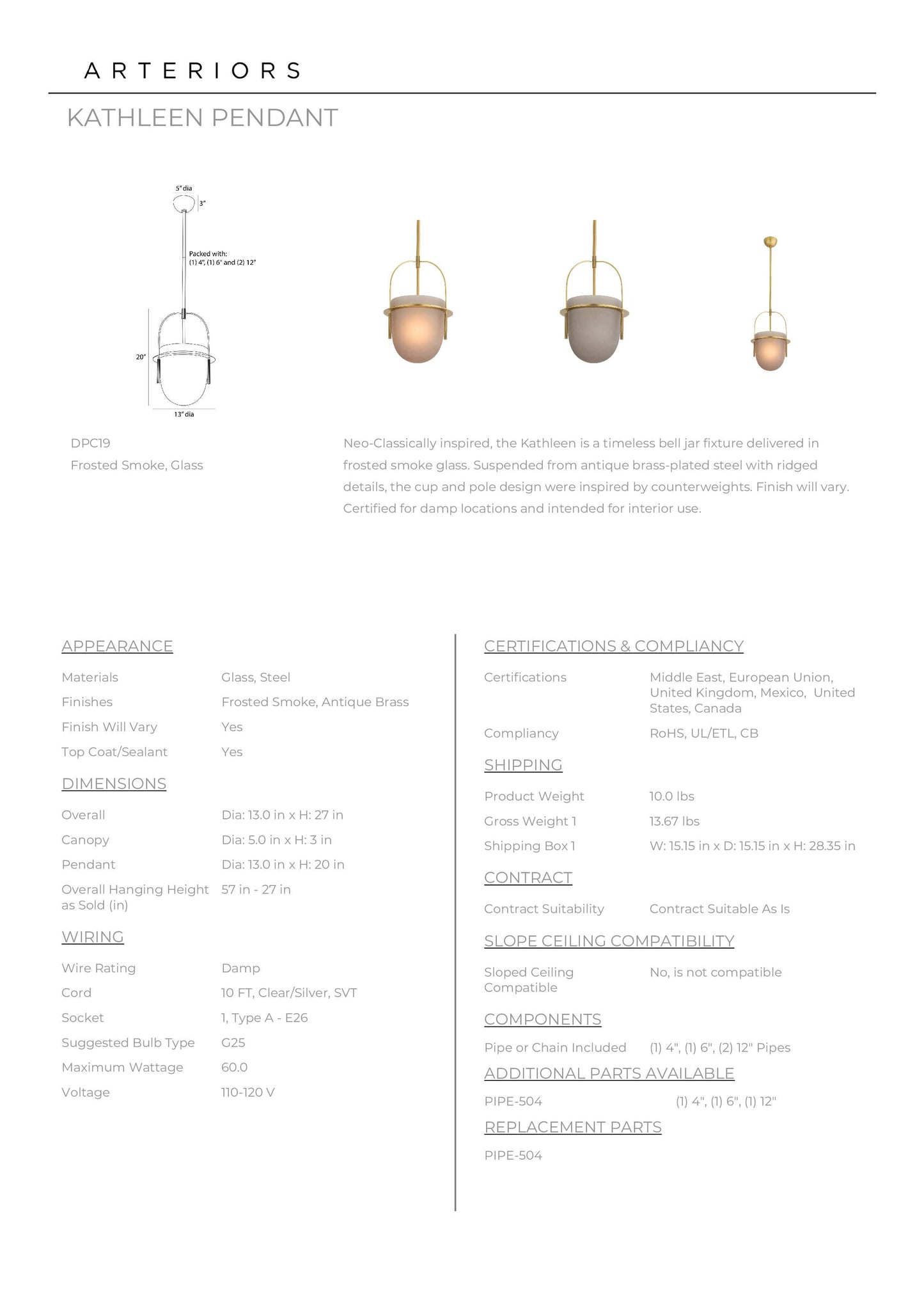 Kathleen Pendant Frosted Smoke Glass
