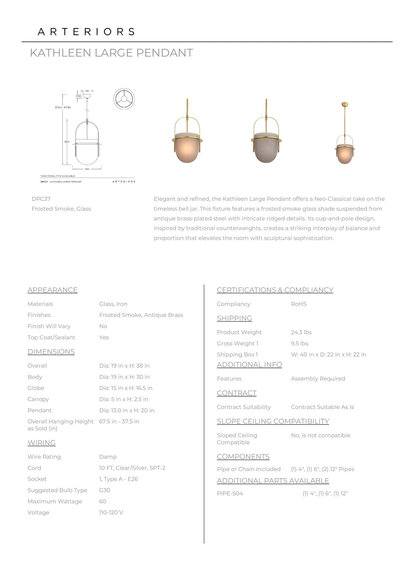 Kathleen Pendant Frosted Smoke Glass