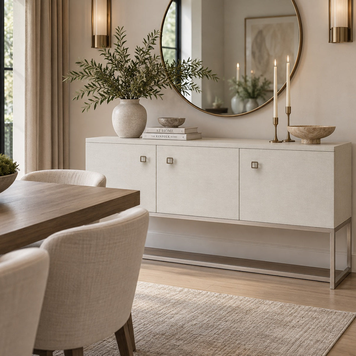 A modern white sideboard cabinet with a silver metal frame in a styled dining room setting, decorated with a vase of greenery, books, and candles.