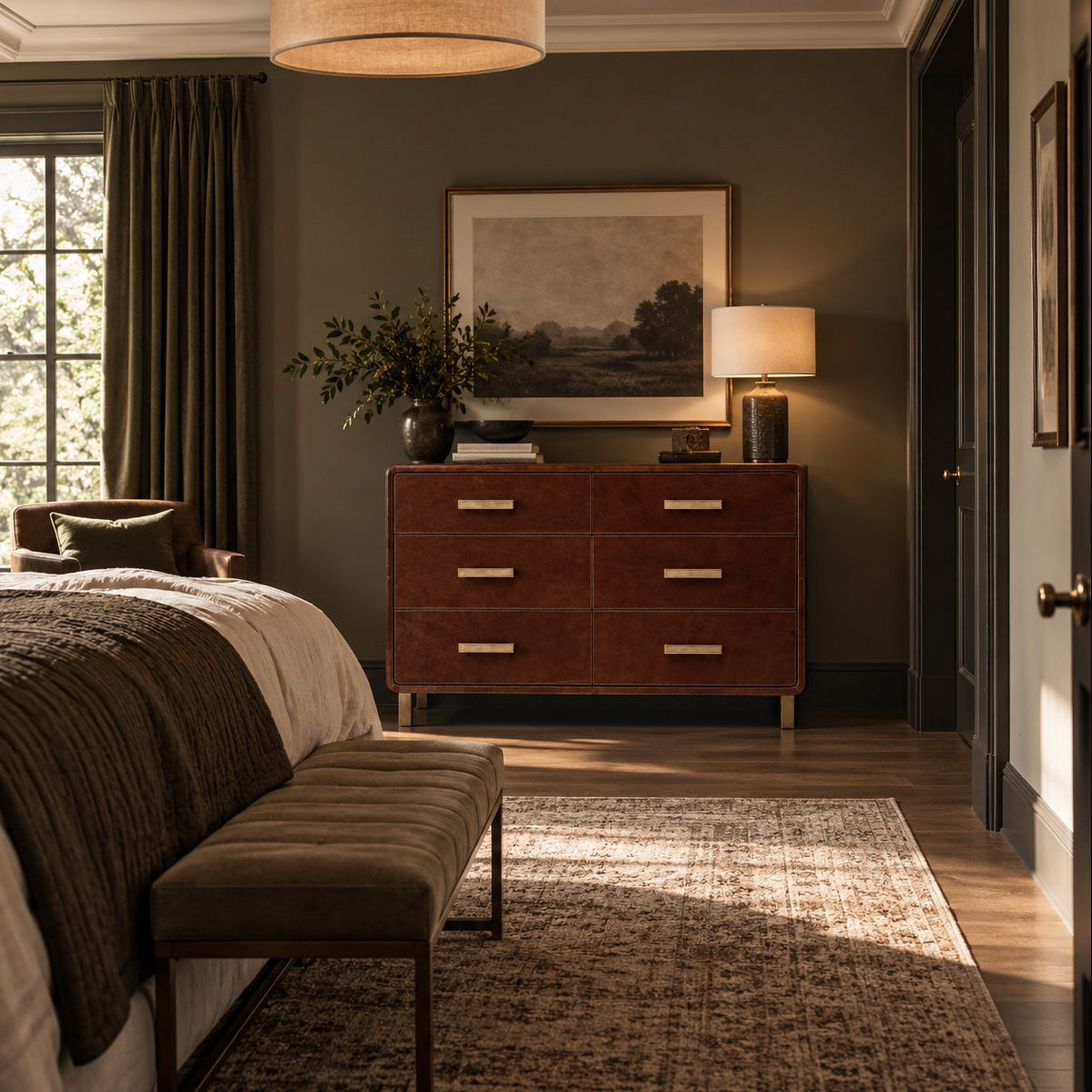 A styled bedroom interior featuring a reddish-brown wooden six-drawer dresser with gold-tone handles, set against dark olive-gray walls. A landscape painting hangs above the dresser, flanked by table lamps, and a window with dark drapes is visible on the left.