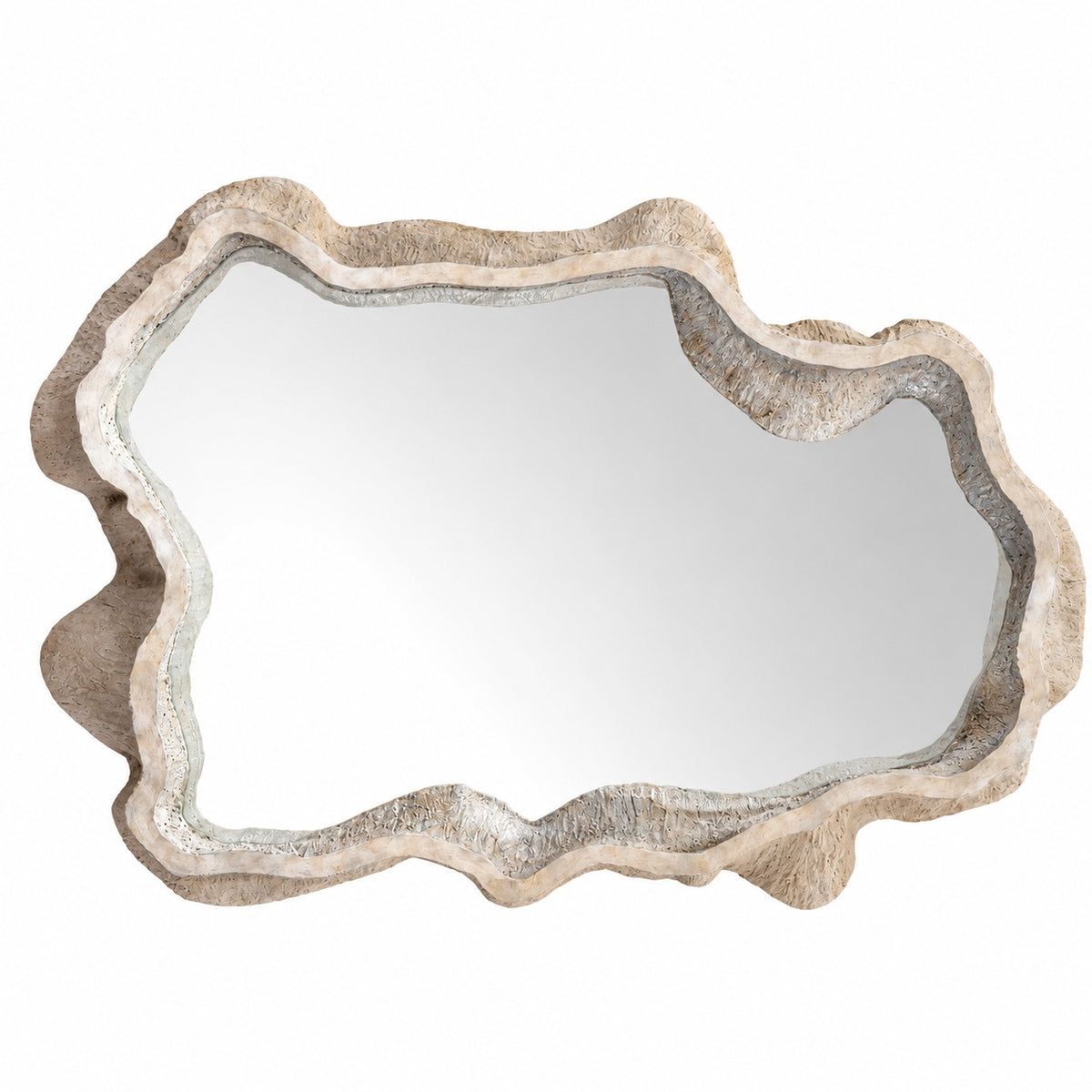 An organic-shaped wall mirror with a textured, wavy frame in a distressed silver and beige finish, shown against a plain white background.