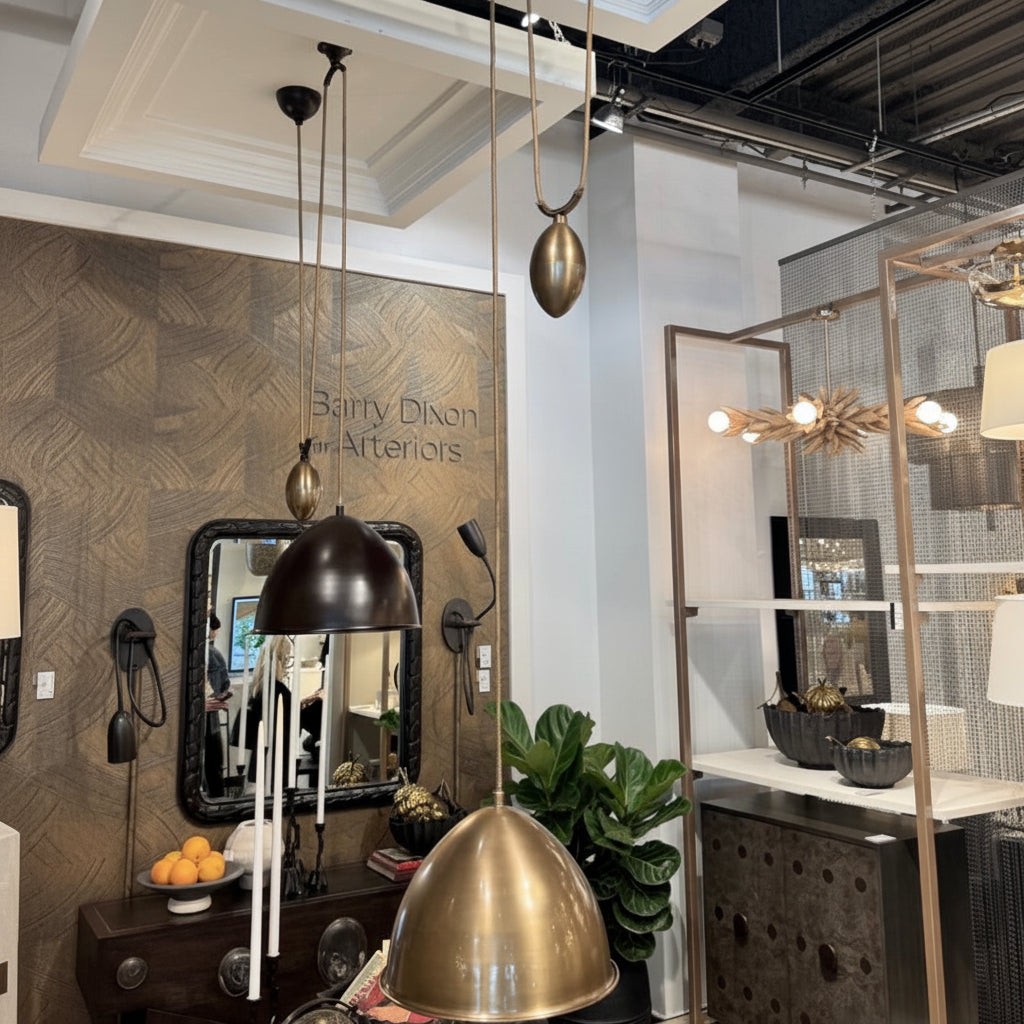 Interior design showroom with hanging lights and decor