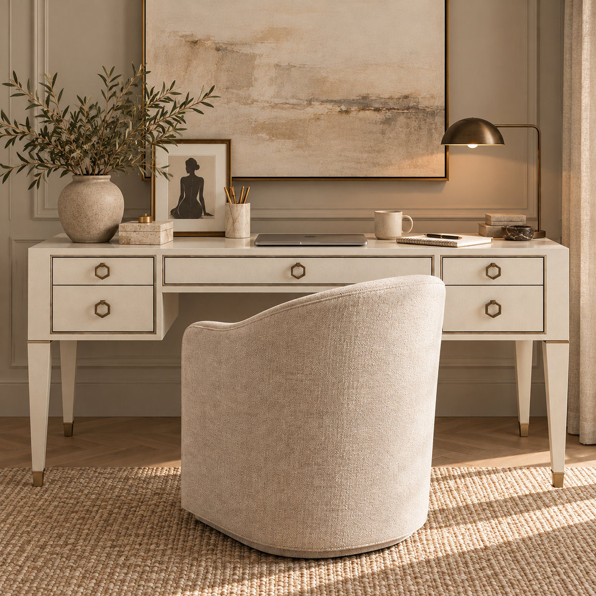 A styled home office scene featuring a white writing desk with drawers and brass knobs, paired with a round upholstered armchair in a warm beige tone. The desk is decorated with a ceramic vase of greenery, a framed print, and a laptop, set against a gray paneled wall with a large abstract painting.