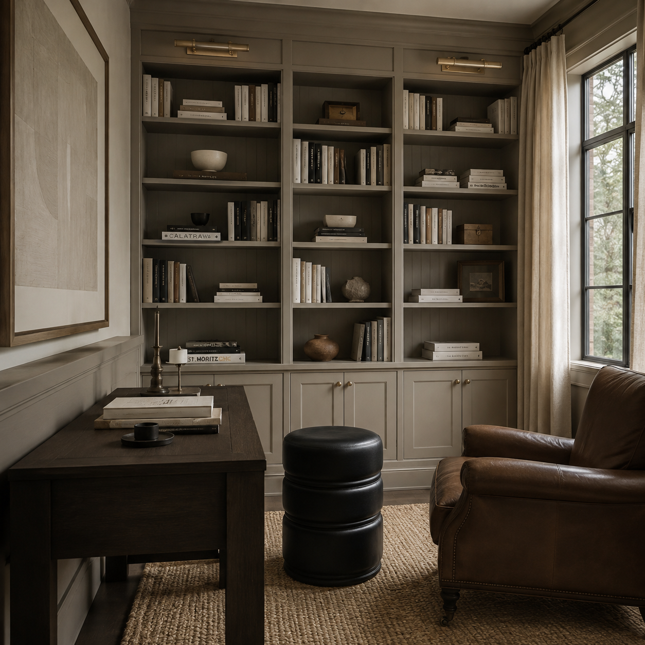 A styled home office corner featuring a large built-in bookcase in a muted gray-green tone, filled with books and decor. A dark wood desk sits on the left, a black cylindrical ottoman in the foreground, and a brown leather armchair is positioned by a window with beige curtains.
