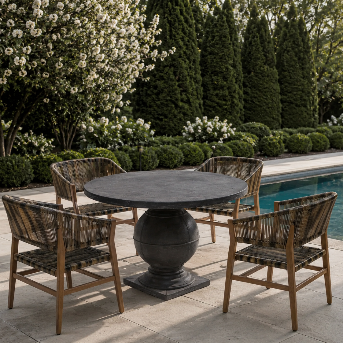 A round dark stone dining table with a sculptural pedestal base, surrounded by four wooden chairs with woven seat and back cushions, set on a stone patio beside a swimming pool in a landscaped garden.