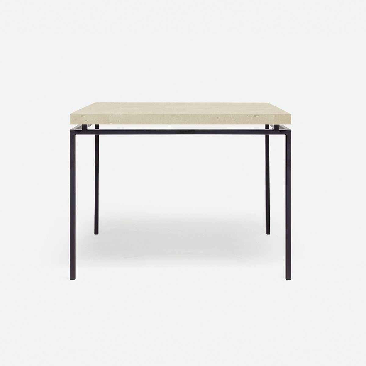 Rectangular table with a beige top and black metal legs on a white background