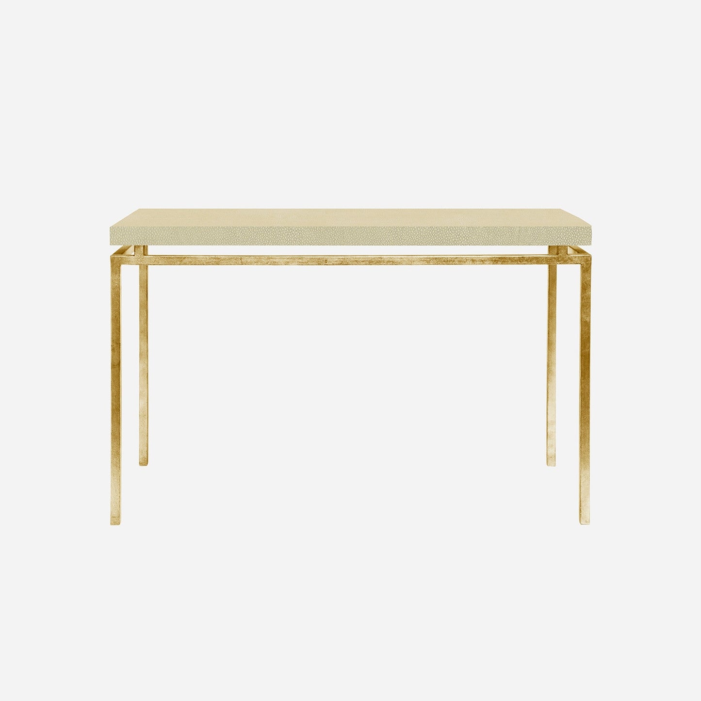 A modern console table featuring a ivory faux shagreen rectangular top and a slim, brushed gold metal frame with legs and a horizontal apron bar, shown against a plain light gray background.