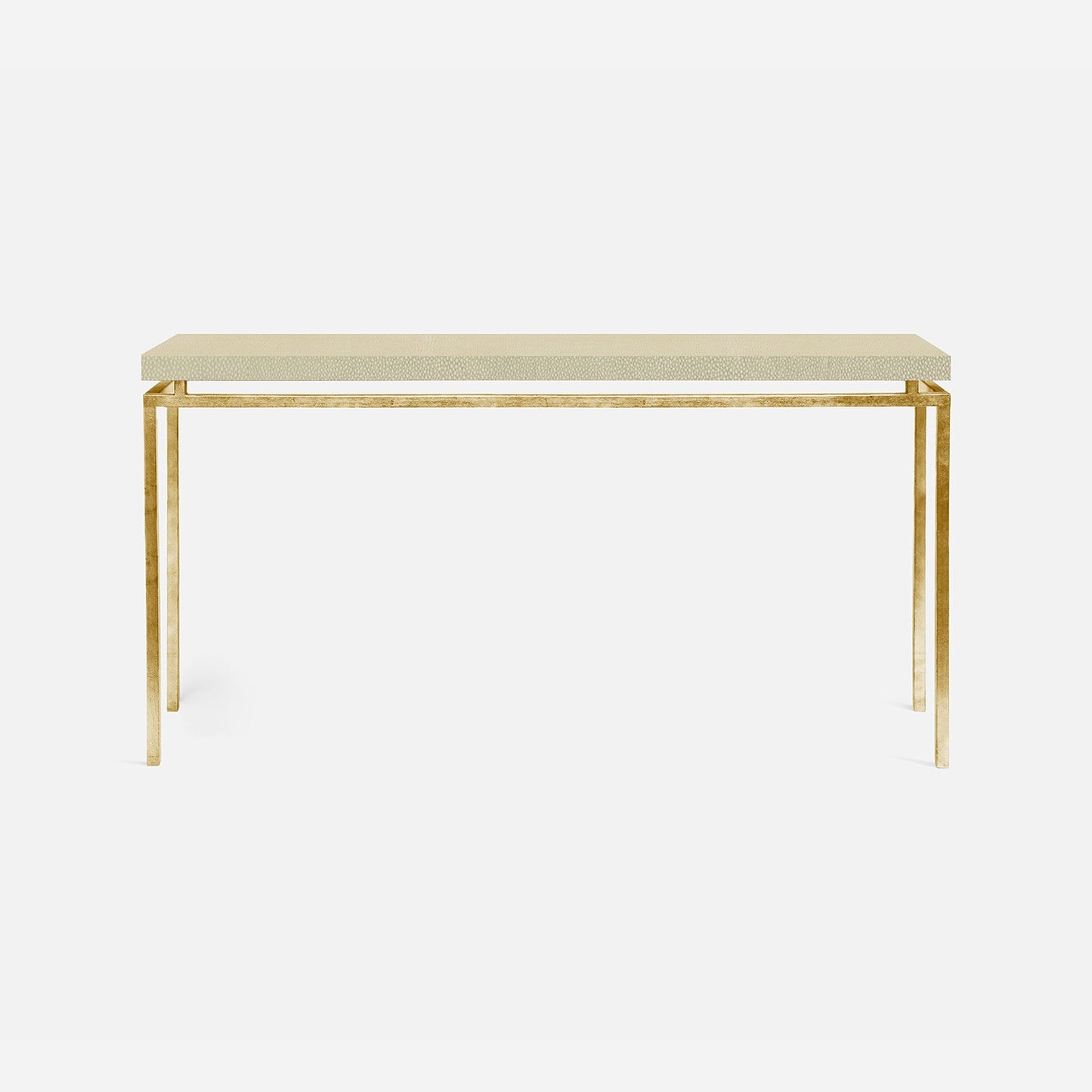 A modern console table featuring a ivory faux shagreen rectangular top and a slim, brushed gold metal frame with legs and a horizontal apron bar, shown against a plain light gray background.