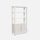 A tall white bookcase with four open shelves and two cabinet doors at the bottom, featuring slim gold-toned handles, shown on a light gray background.