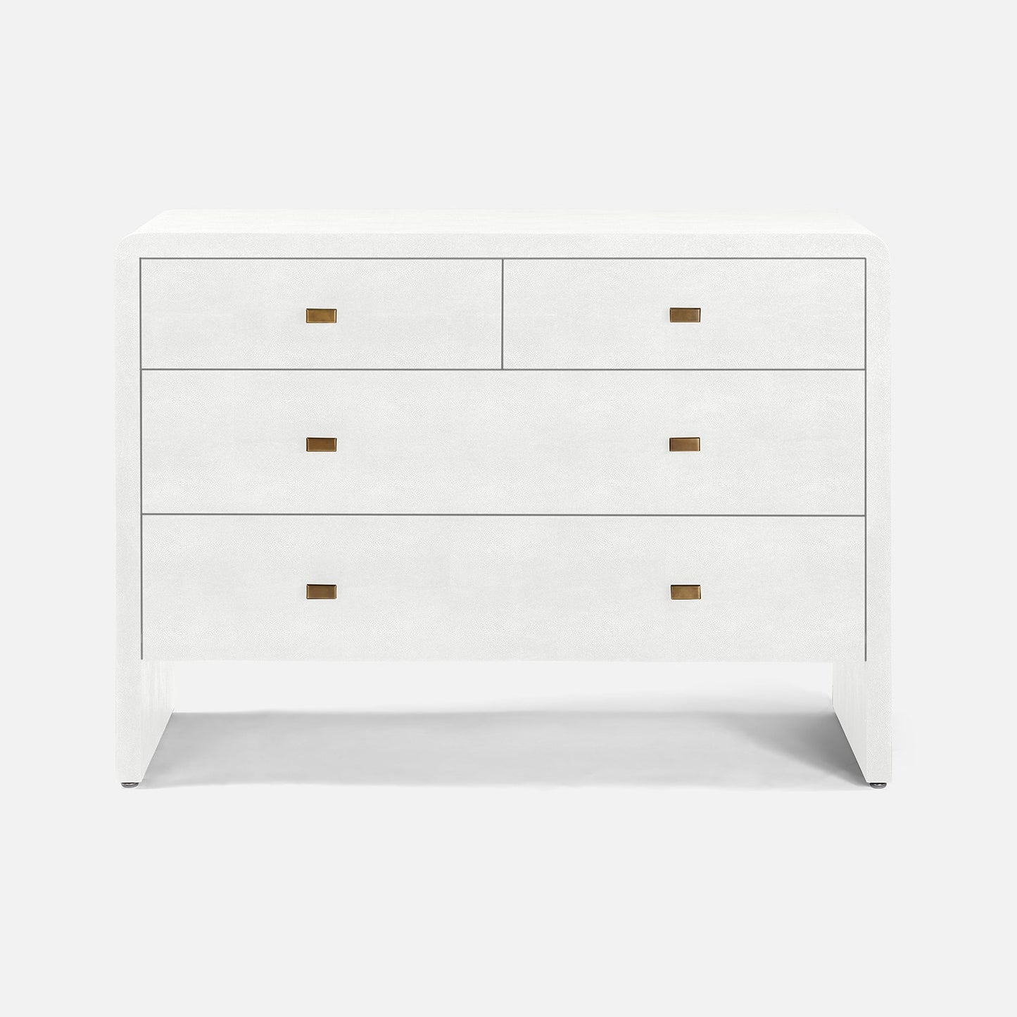A modern white five-drawer dresser with small rectangular brass handles, shown against a plain light gray background.