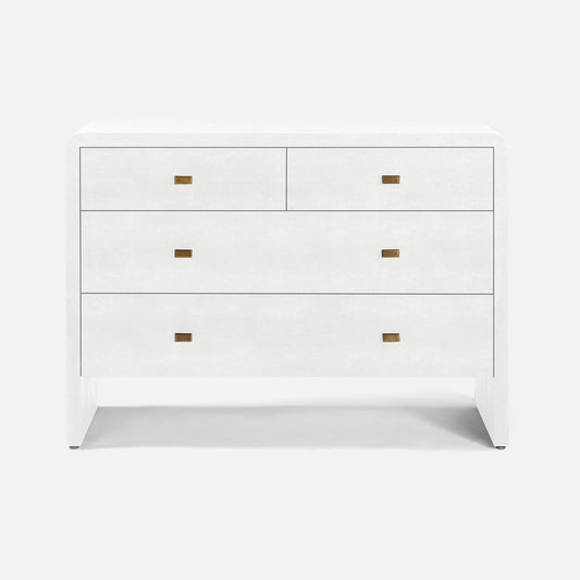 A modern white five-drawer dresser with small rectangular brass handles, shown against a plain light gray background.