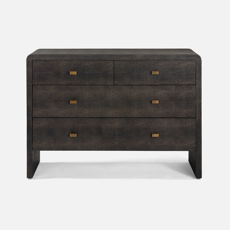A dark mushroom realistic faux shagreen chest of drawers with a textured finish, featuring five drawers and small brass pull handles, shown against a light gray background.