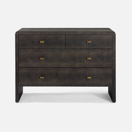 A dark mushroom realistic faux shagreen chest of drawers with a textured finish, featuring five drawers and small brass pull handles, shown against a light gray background.