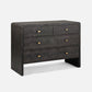 A dark mushroom realistic faux shagreen chest of drawers with a textured finish, featuring five drawers and small brass pull handles, shown against a light gray background.