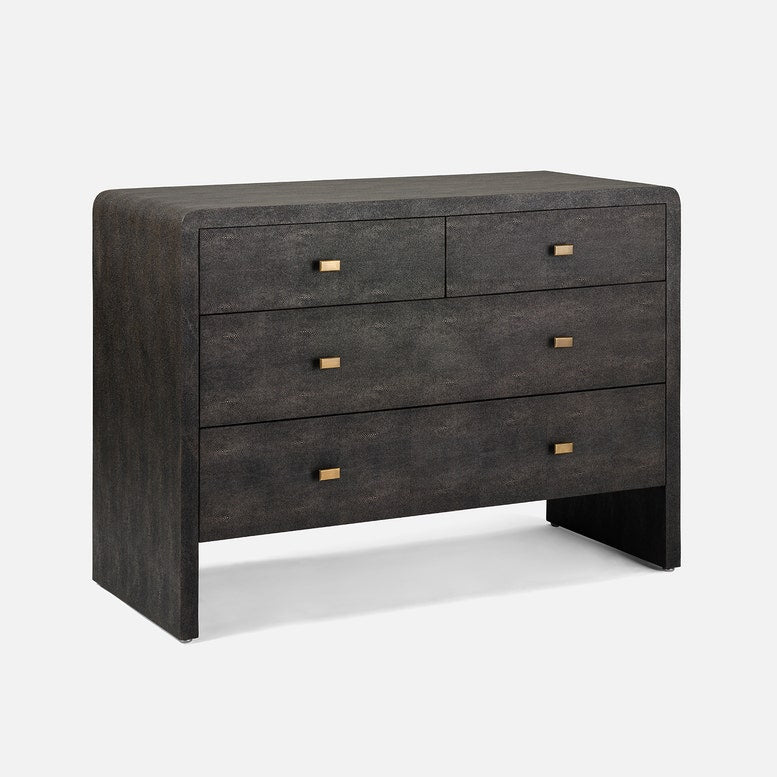 A dark mushroom realistic faux shagreen chest of drawers with a textured finish, featuring five drawers and small brass pull handles, shown against a light gray background.