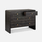 A dark mushroom realistic faux shagreen chest of drawers with a textured finish, featuring five drawers and small brass pull handles, shown against a light gray background.