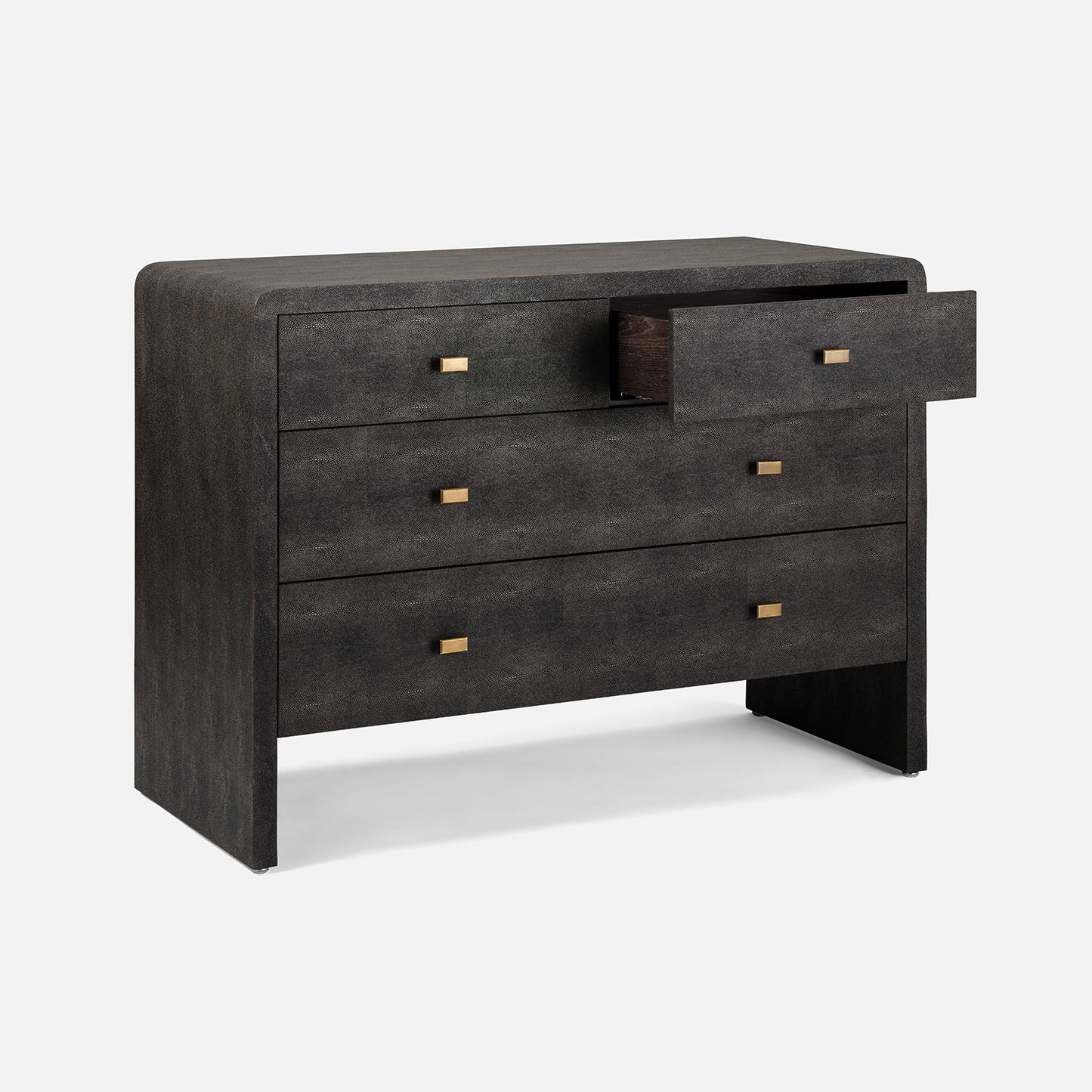 A dark mushroom realistic faux shagreen chest of drawers with a textured finish, featuring five drawers and small brass pull handles, shown against a light gray background.
