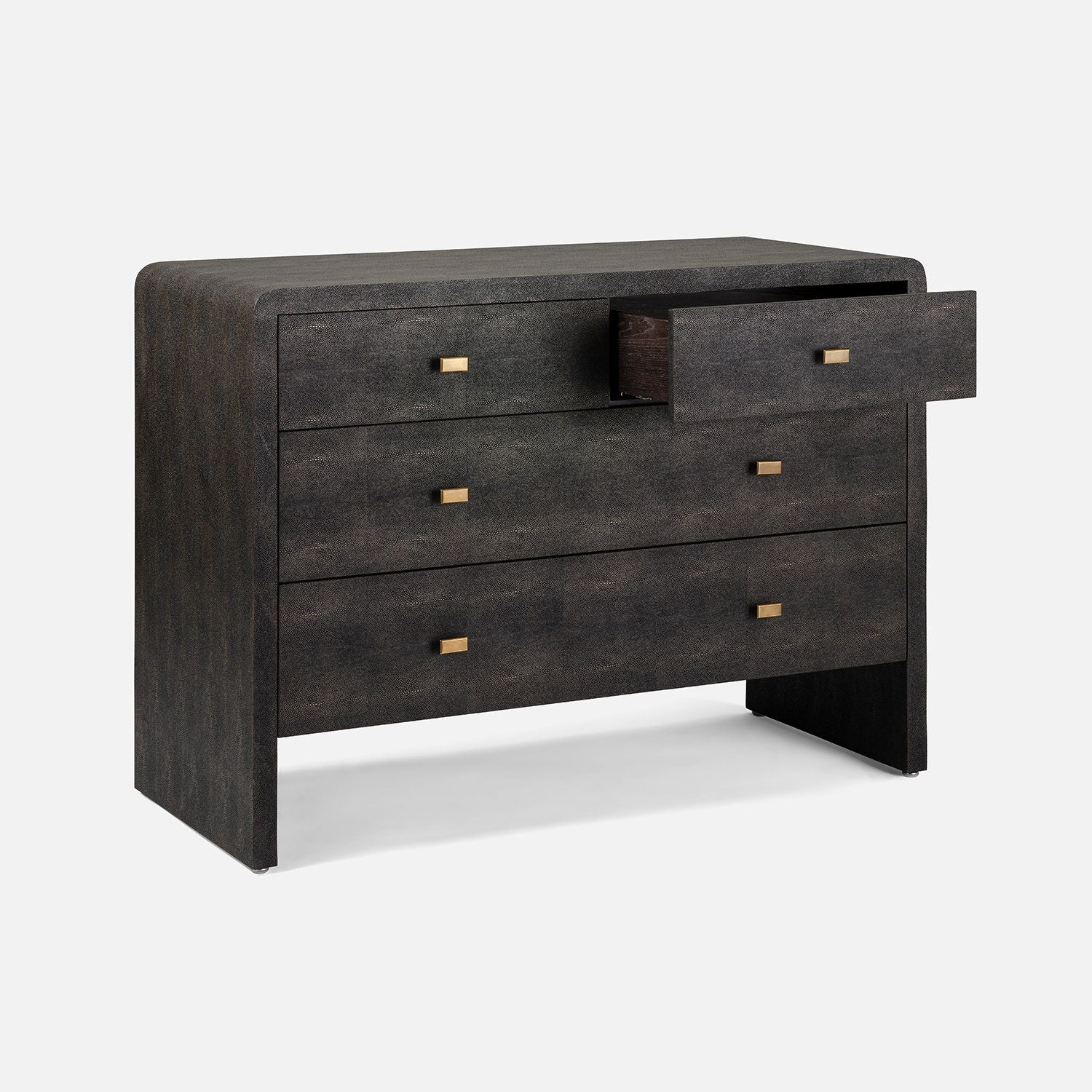 A dark mushroom realistic faux shagreen chest of drawers with a textured finish, featuring five drawers and small brass pull handles, shown against a light gray background.