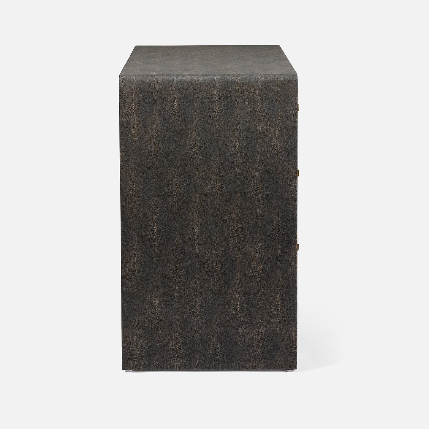 A dark mushroom realistic faux shagreen chest of drawers with a textured finish, featuring five drawers and small brass pull handles, shown against a light gray background.