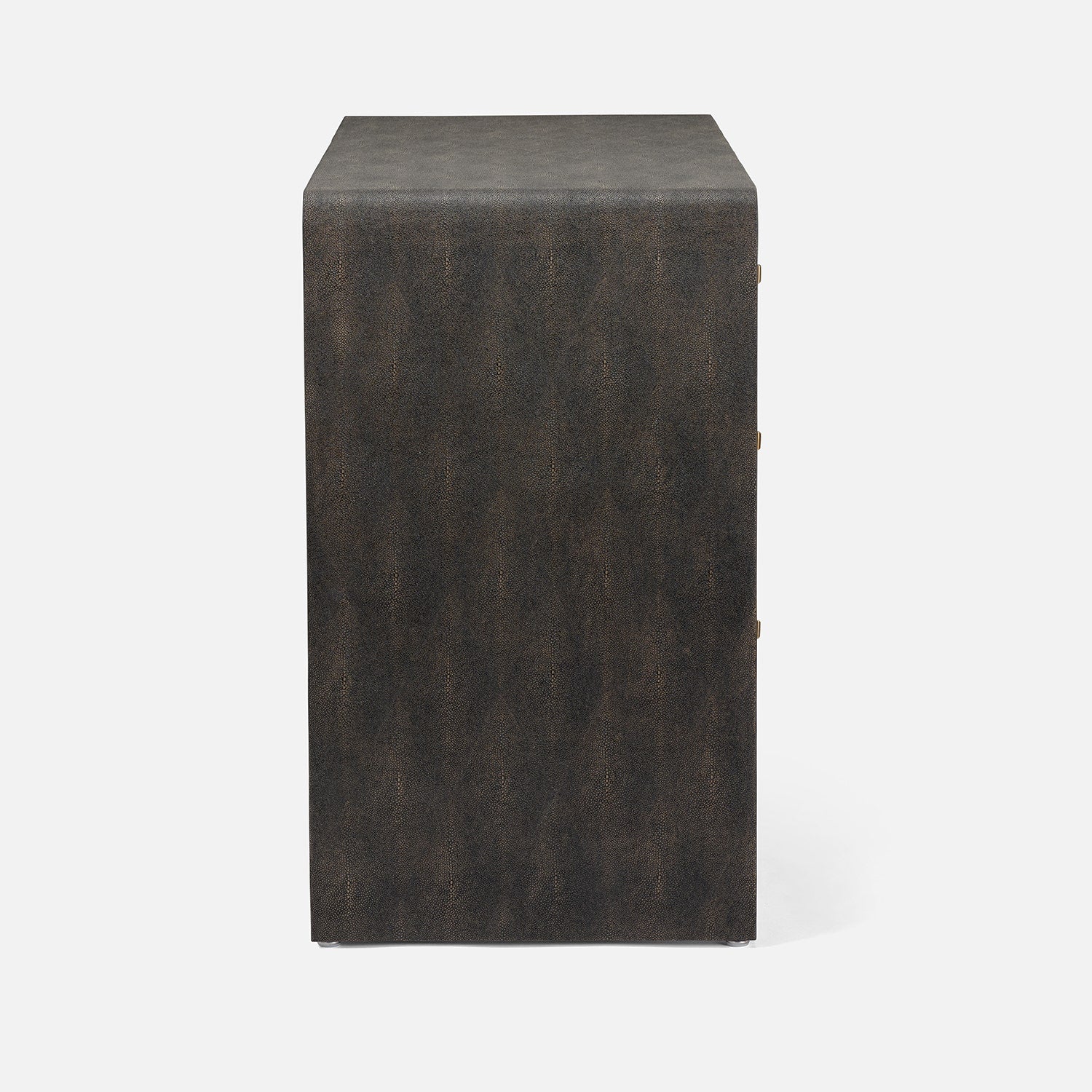 A dark mushroom realistic faux shagreen chest of drawers with a textured finish, featuring five drawers and small brass pull handles, shown against a light gray background.