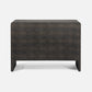 the back of a dark mushroom realistic faux shagreen chest of drawers shown against a light gray background.
