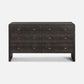 A dark mushroom faux shagreen dresser with six drawers and small brass pull handles, shown against a light gray background.