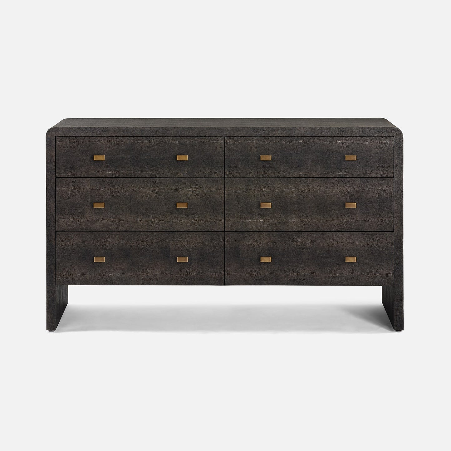 A dark mushroom faux shagreen dresser with six drawers and small brass pull handles, shown against a light gray background.