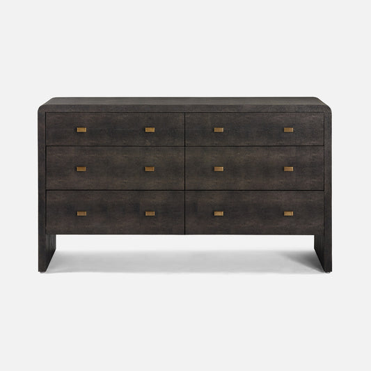 A dark mushroom faux shagreen dresser with six drawers and small brass pull handles, shown against a light gray background.
