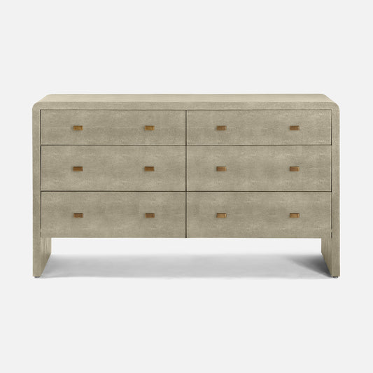 sand faux shagreen dresser with six drawers on a white background