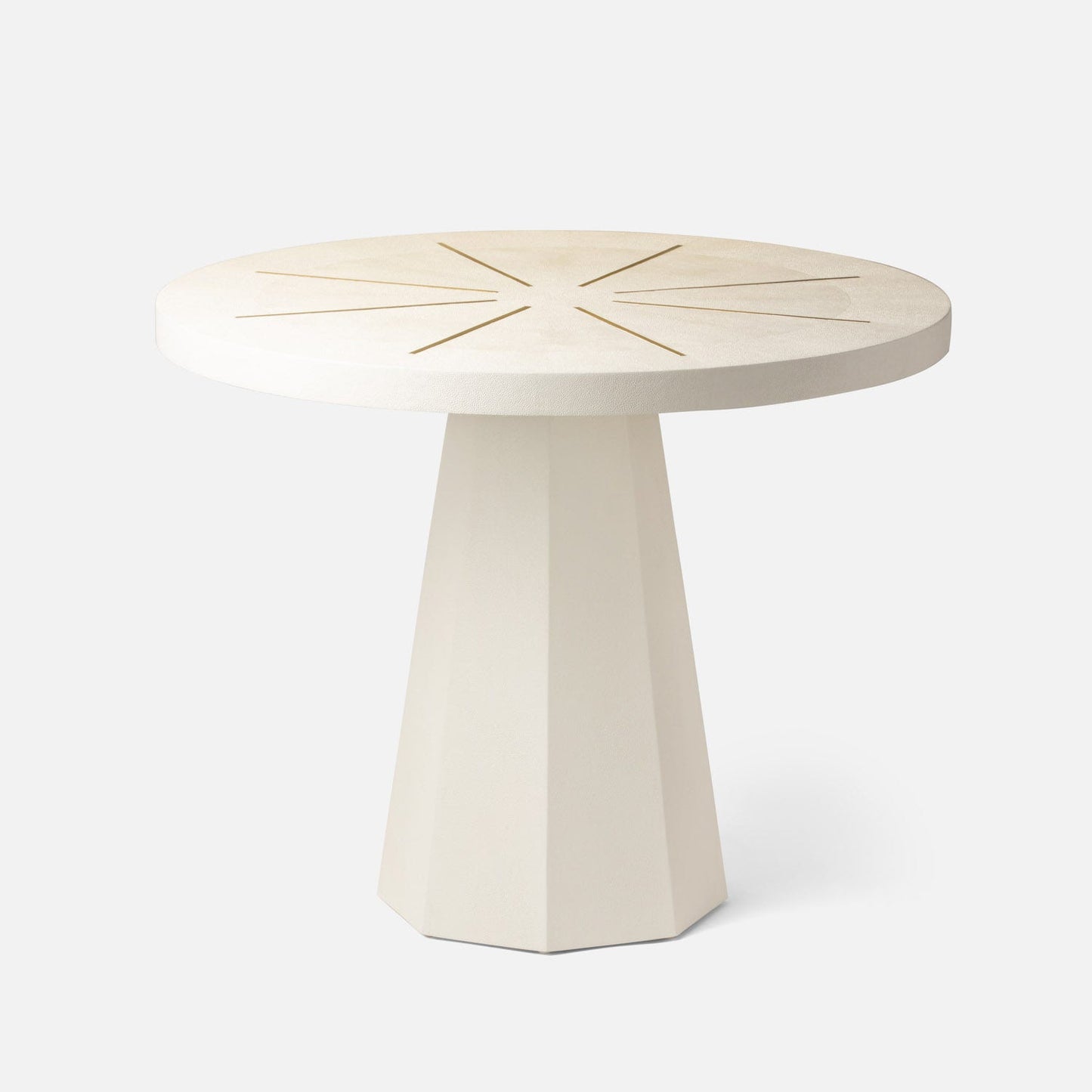 Round beige table with a textured surface on a white background