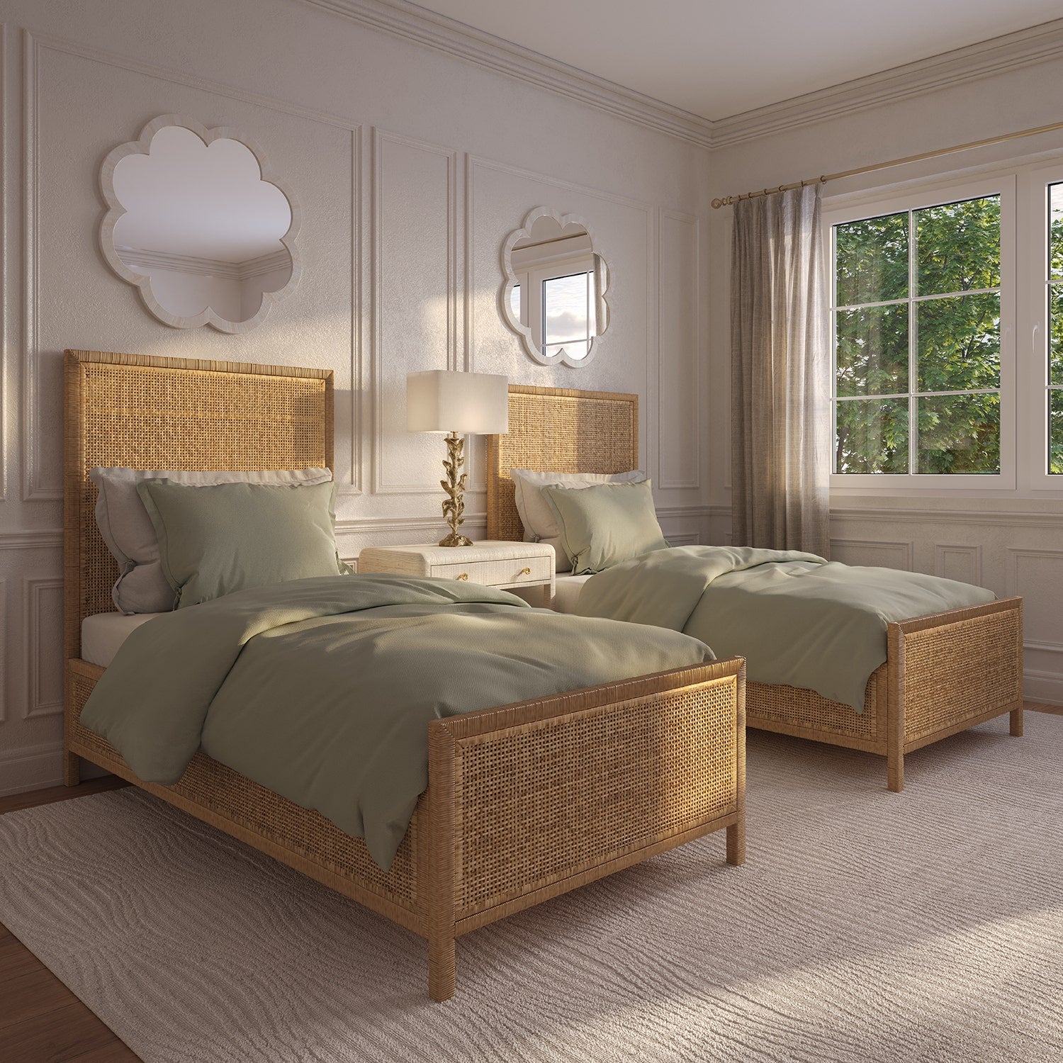 Two wicker beds with green bedding in a bedroom setting.