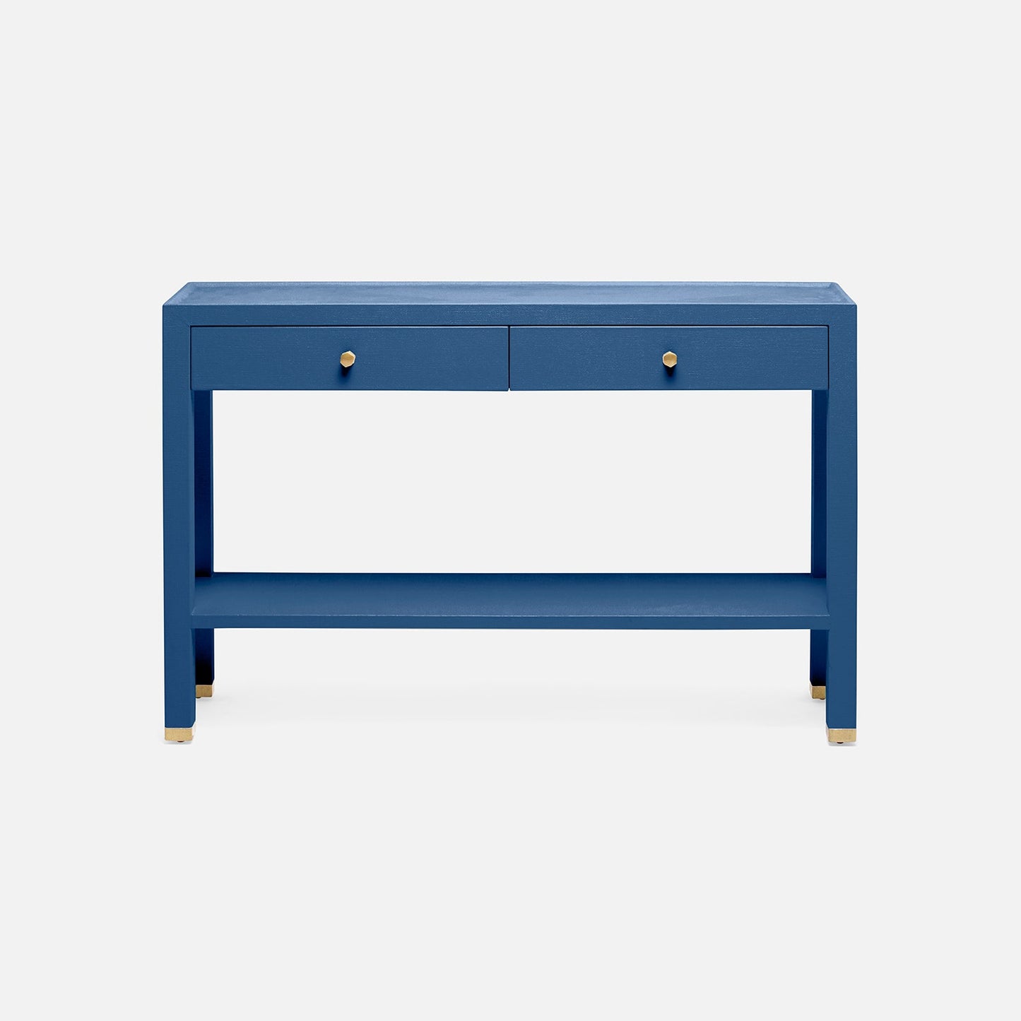 A blue console table with two drawers, small brass knobs, and a lower shelf, shown against a light gray background.