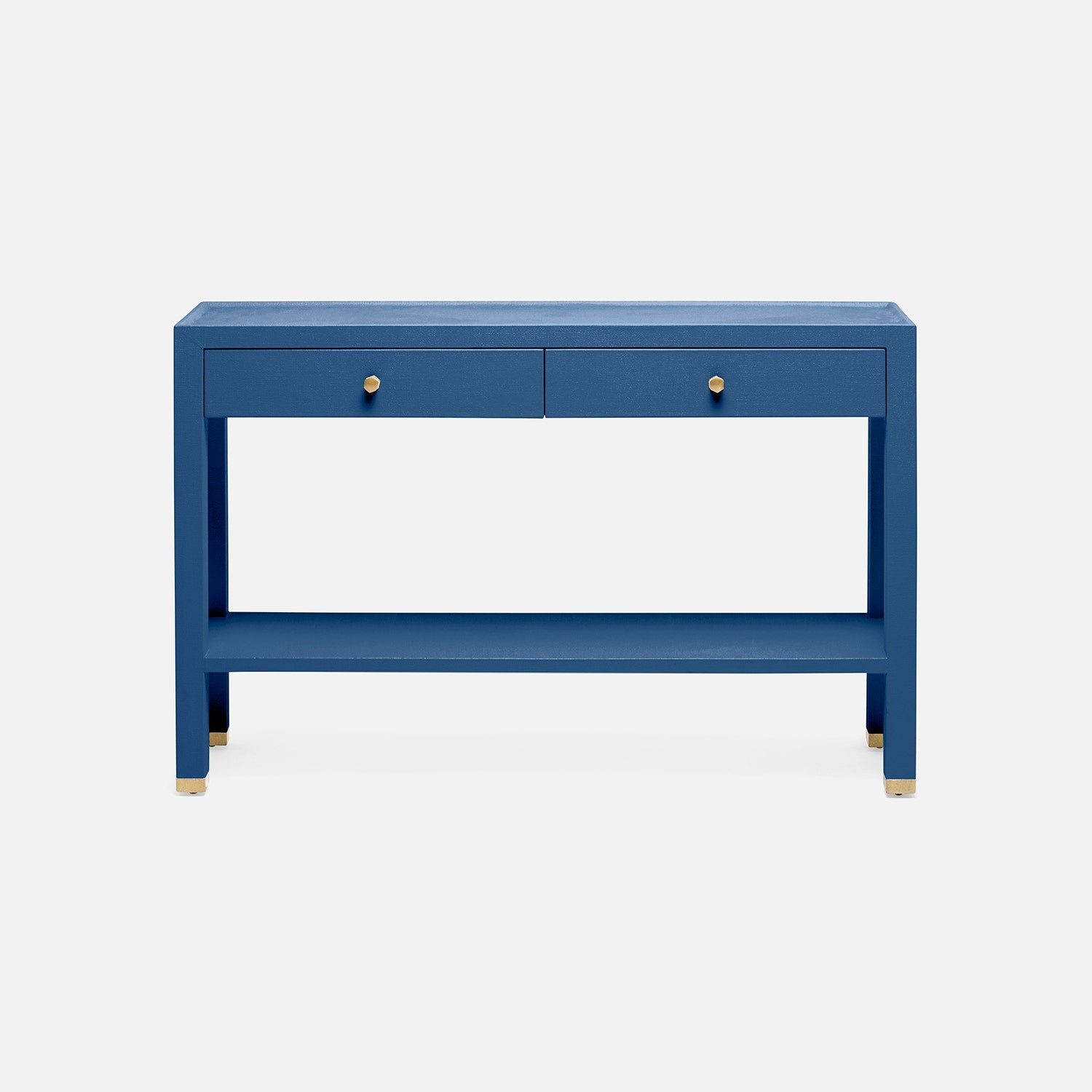 A blue console table with two drawers, small brass knobs, and a lower shelf, shown against a light gray background.