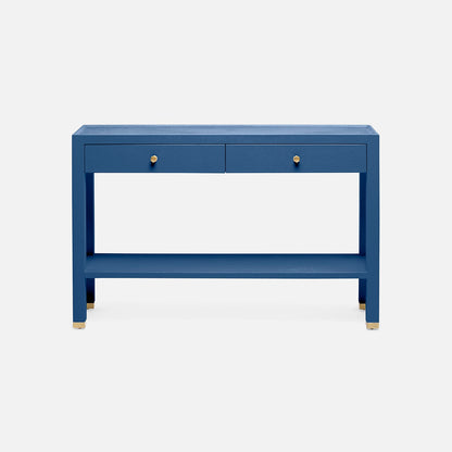 A blue console table with two drawers, small brass knobs, and a lower shelf, shown against a light gray background.
