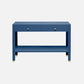 A blue console table with two drawers, small gold knobs, and a lower shelf, shown against a light gray background.