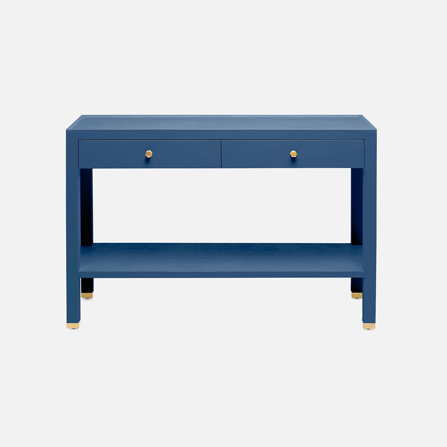 A blue console table with two drawers, small gold knobs, and a lower shelf, shown against a light gray background.