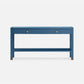 Blue console table with two drawers on a white background